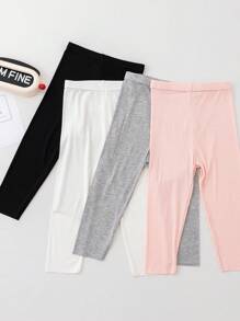 4 piezas Mallas capri para niñas de verano de algodón elástico con rayas verticales de unicolor, pantalones cortos suaves para uso diario