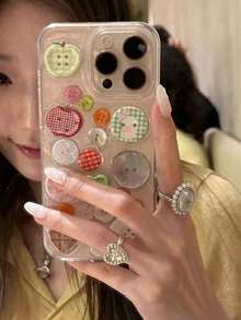 Cute 3D Button Plaid Transparent Epoxy Resin Soft Phone Case, Compatible With 16/15/14/13 Pro Max/17/17 Pro/17 Pro Max, Fashionable Cute Girl-Friendly Shock-Proof, Waterproof, Anti-Fall, Anti-Scratch Back Cover - Clear - View 3