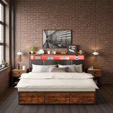 Cama tapizada, 140x200cm, canapé con 4 cajones, diseño industrial moderno con decoración en madera, con cabecero de almacenaje en PU, estructura de hierro, cama doble, sin colchón, color negro - Negro - Ver 5