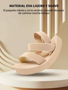 Sandalias de imitación lino beige de tacón medio para mujer, elegantes y ligeras para uso en exteriores, playa y uso diario, pantuflas simples de verano/otoño para mujeres - Caqui - Ver 8
