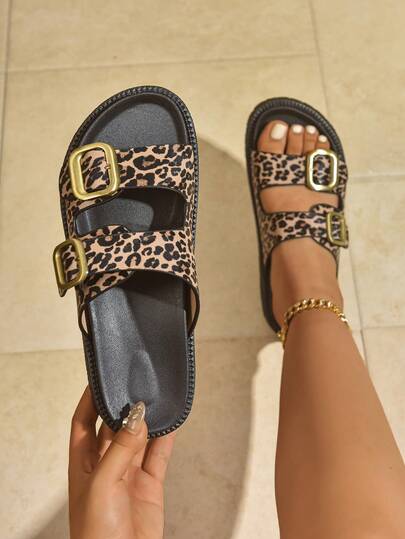 1 Pair Leopard Print Preppy Style Bohemian Buckle Thick Sole Beach Sandals, Platform Casual Outdoor Summer Slides