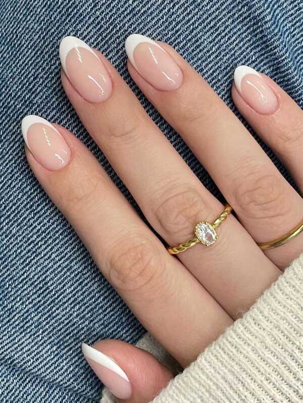 24 pièces Ensemble de faux ongles français élégants en forme d'amande de longueur moyenne avec finition brillante, couleurs mélangées, parfait pour les mariages et les événements formels