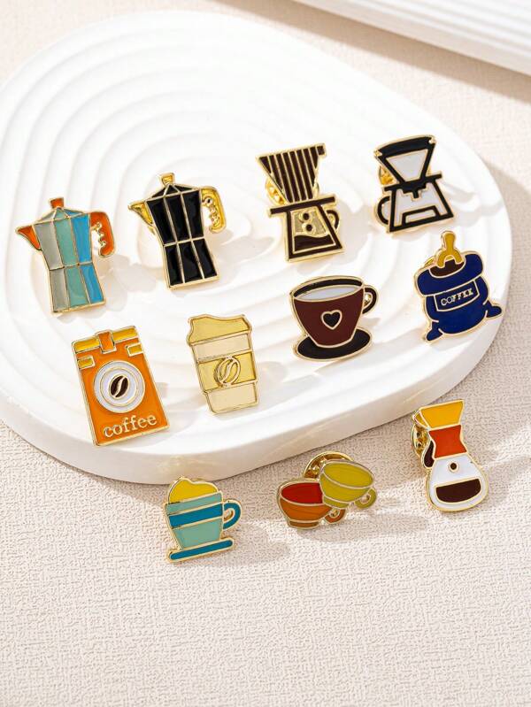 Creative Coffee Themed Brooch Set, Including Coffee Machine, Moka Pot, Coffee Cup, Coffee Beans, Alloy Cute Pins, Gift For Coffee Lovers, Decorative For Clothing & Bags School Office Accessories Shirts Jacket Jewelry Christmas Halloween