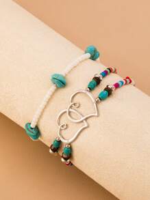 Tobillera elástica con doble corazón de metal y cuentas de turquesa, estilo resort de moda, apta para parejas de vacaciones