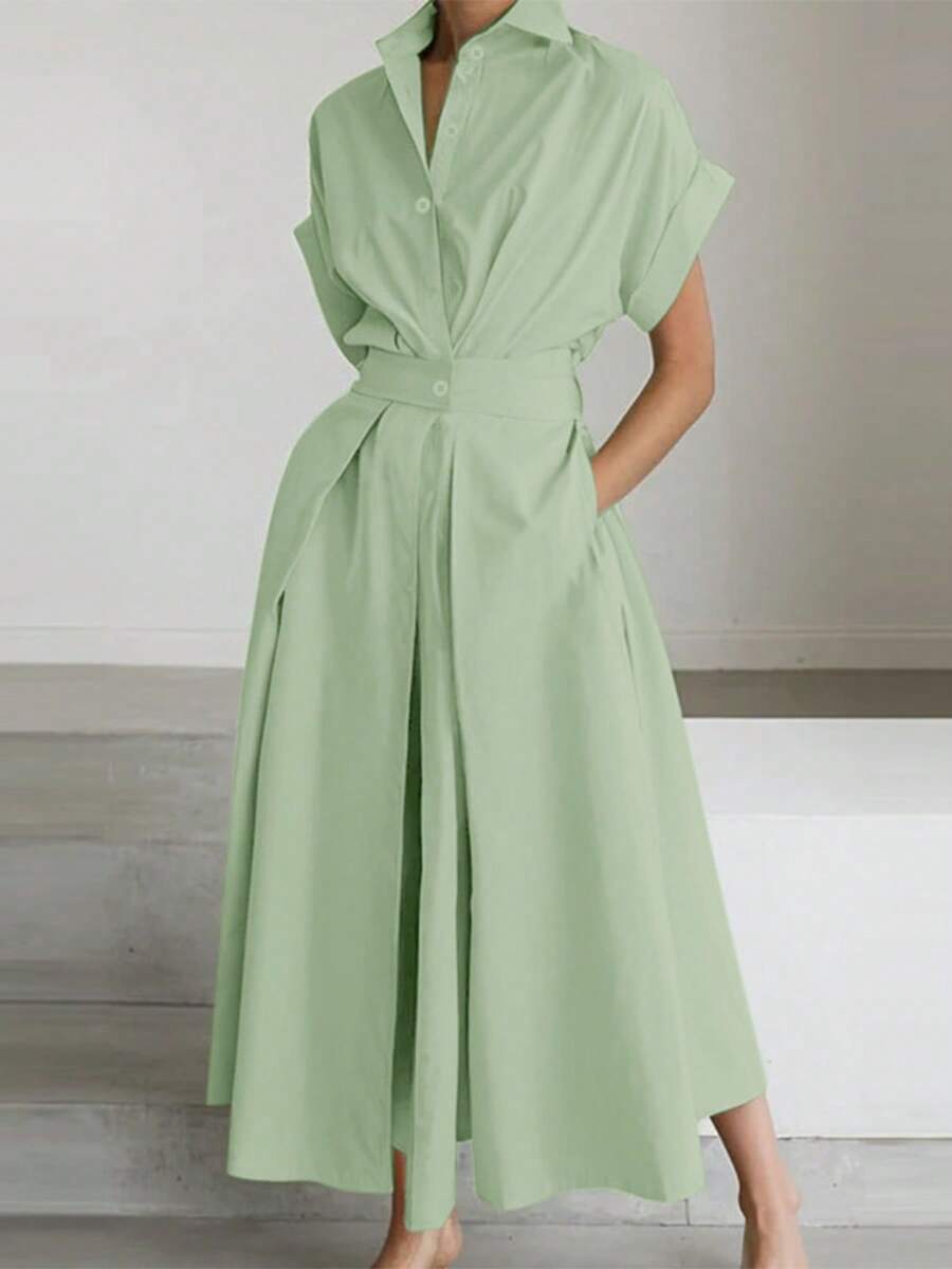 ZANZEA Women Short Sleeve Buttons Elastic Waist Summer Casual Loose Shirt Dresses Office Formal Work Long Dress - 綠色 - 查看 1