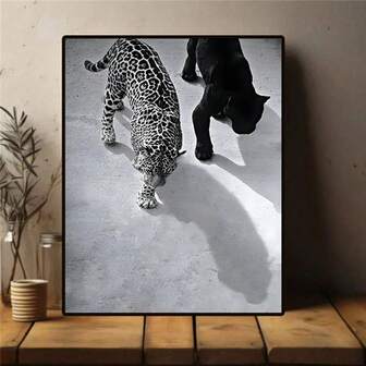 1pc Leopard And Jaguar Walking Canvas Poster, Black And White Animal Wall Art, Vintage Photography Fashion Print, 50's Deco Retro Wall Decor For Autumn Farmhouse, Frameless Art Deco For Kitchen, Home Office, Bathroom, Living Room, Bedroom - Indoor Portrait Wall Hanging Decor
