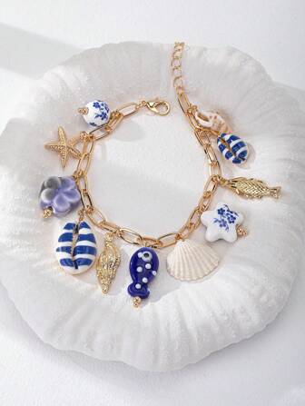 1pc Handmade Summer Starfish And Shell Charm Bracelet, Beach Style Jewelry Accessories, Suitable For Beach Party And Photoshoot, Colors And Shapes May Vary