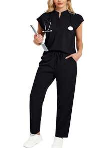 cimmuovere Plus Size Stand Collar Sleeveless Loose Top And Multi-Pocket Pants Uniform Set