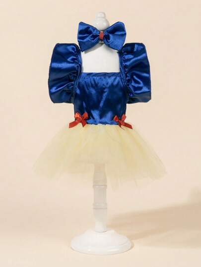 1 Set Pet Dress Mesh Wedding Gown With Bowknot, Cute Fashion Print Dress + Bowknot Pet Clothes, Elastic Tulle Skirt Princess Pet Dress For Dogs/Cats