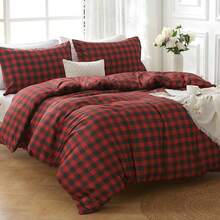 Duvet Cover King Size, Reversible Floral Lavender Duvet Cover Set With Zipper Closure, 3 Pieces Botanical Patterns Soft Microfiber Bedding Set (90"X104", 2 Pillow Cases 20"*36") - 04 - 紅色格子(無被子) - 查看 5