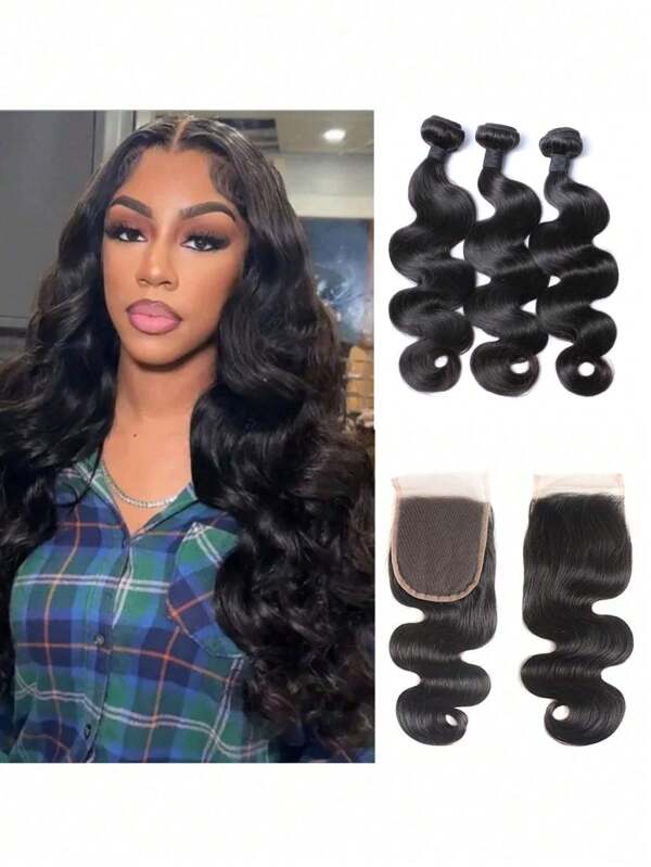 Body Wave 3 Pacotes Com Fecho Brasileiro Body Wave Cabelo Humano Weave Com 4x4 Parte Livre Fecho de Renda Cor Natural