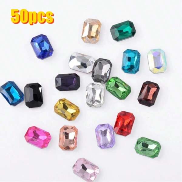 50pcs Rectangle Octagon Glass Rhinestones 10x14mm High Transparency Rainbow Sparkle, Handmade DIY Jewelry, Wedding Dress, Shoes & Bags Decoration, Multi-Purpose Shiny Ornament, Art Crafts Appliques For Clothing, Car, Holiday & Party, Gift