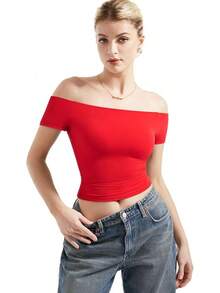 Women Double Lined Off Shoulder Tops Fitted Going Out Basic Shirts - Dream Red - View 2