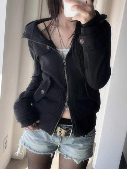 Streetwear Pocketed Double-Ended Zipper Stand-Up Jacket Women Casual Solid Long Sleeve Cardigan Coats Fashion Autumn Clothes