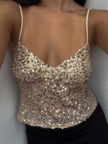 Women Y2k Glitter Sequin Cami Top Spaghetti Strap Backless Sparkle Camisole Fashion V Neck Going Out Tops Clubwear - Gold - View 4