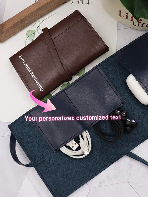 1pc Customized Data Cable Charger Earphones PU Leather Storage Roll Bag Multi Functional Digital Organizing Bag USB Cable Earphone Storage Roll Bag