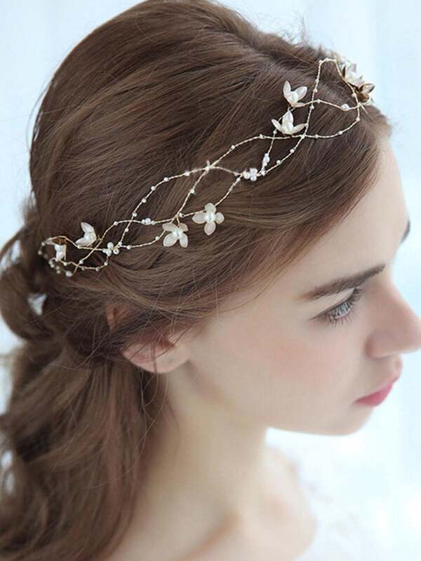 1pc Handmade Pearl Flower Headband Hair Accessories For Women, Bridal Wedding Party