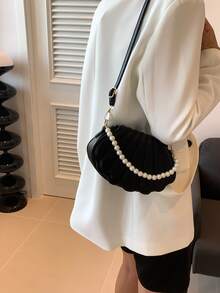 Shell Shaped Faux Pearl Decor Women Handbag & Shoulder Bag, Pearl Bag - Black - View 5