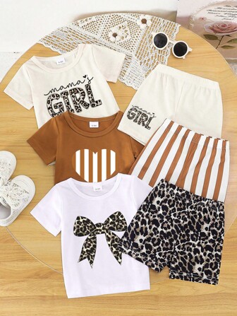 6pcs/Set Baby Girl Casual Cute Stripe & Leopard Print Short Sleeve T-Shirt And Shorts Outfits