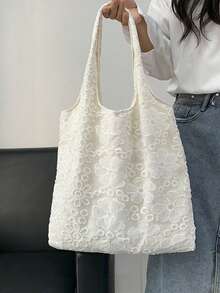 Bolso de tela con detalles de encaje floral, bolso de lona casual de gran capacidad, adecuado para estudiantes universitarios y commuting - Blanco - Ver 2