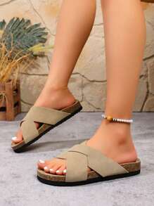 Women's Summer New Solid Color Cross Strap Outdoor Street Beach Fashionable Minimalist Outdoor Casual Comfortable Slip-On Flat Sandals
