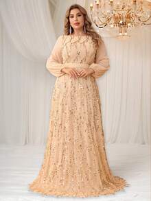 YISIKADO 加大码女式亮片雪纺舞会礼服圆领长袖优雅舞会礼服端庄长裙适合婚礼宾客伴娘毕业晚宴 - 香檳色 - 查看 1