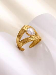 1 PC Cute Faux Pearl Evil Eye Open Rings For Women Stainless Steel Gold Color Finger Ring 2025 New Fashion Wedding Couple Jewelry Gift