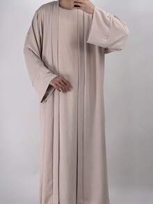 1 Bộ đồ Hồi giáo mềm mại 3 món, bao gồm váy, lớp lót trong, áo len cardigan và thắt lưng, áo Abaya cổ điển đa năng - Màu be - Xem 3