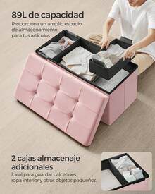 Puff Almacenaje, Baúl de Almacenaje Plegable, 38 x 76 x 38 cm, Taburete Reposapiés, Banco de Cubo, Soporta hasta 300 kg, para Sala de Estar, Dormitorio, Entrada, Rosa Jalea - Rosa - Ver 2