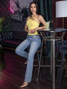 Carolina Barros Women's Solid Color Simple Daily Asymmetrical Neck Bodysuit Women Bodysuits - Yellow - View 2