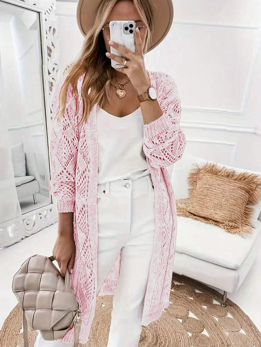 Spring & Summer Casual Fashionable Daily Hollow Out Plus Size Long Sleeve Knitted Cardigan Top For Women