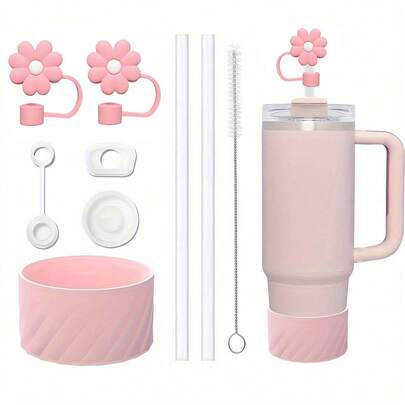 Accesorios compatibles con la Copa : 2 tapas de pajitas con flores, 3 tapones a prueba de derrames de silicona para el vaso de 40 onzas con tapa y asa, 2 fundas protectoras de silicona para la pajita y 1 cepillo, suministros de regreso a la escuela