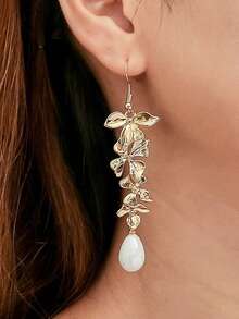 2 件装复古长花瓣夹式耳环，适合女士，优雅珍珠新娘派对耳环，无穿孔 - 金色 - 查看 2