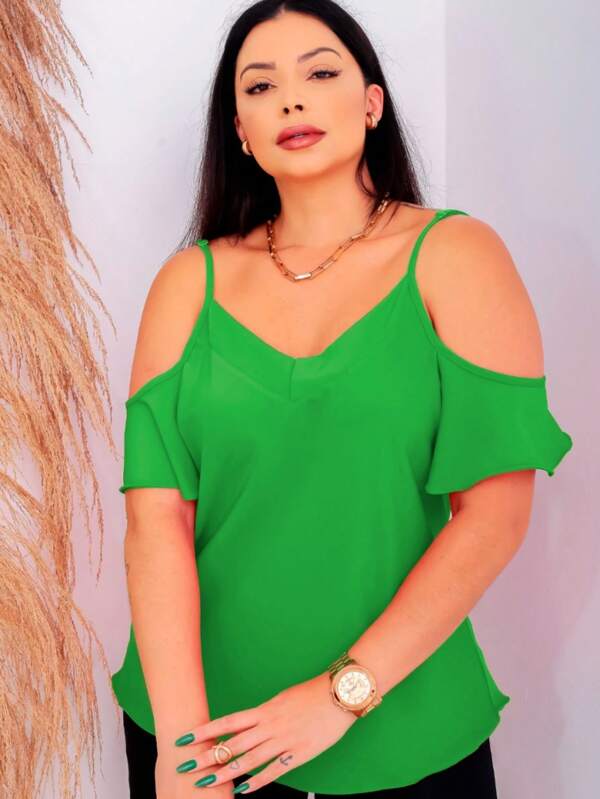 Blusa Verde Elegante com Ombros Vazados - Estilo e Conforto para Todas as Ocasiões!  Simples    Casual    Tecido    Em camadas    atemporal  Diário    todo