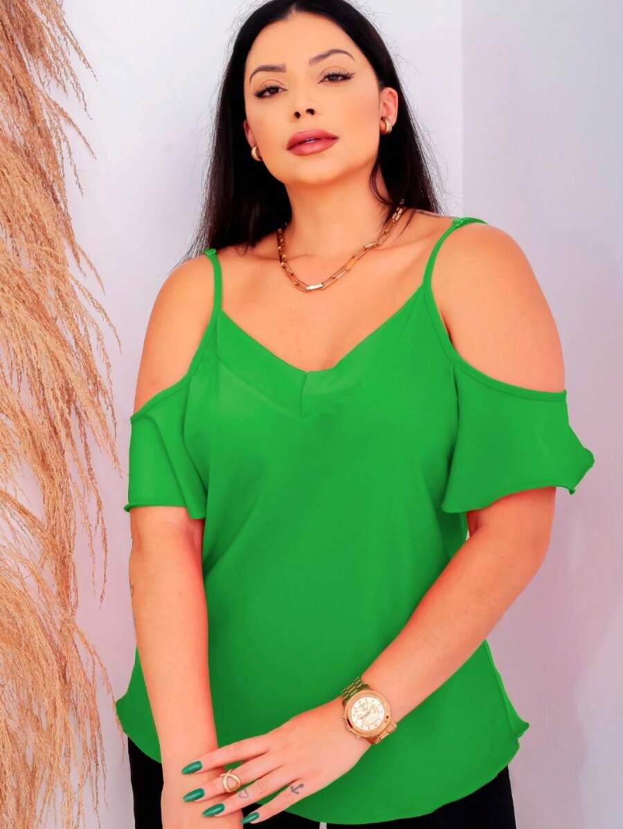 Blusa Verde Elegante com Ombros Vazados - Estilo e Conforto para Todas as Ocasiões!  Simples    Casual    Tecido    Em camadas    atemporal  Diário    todo