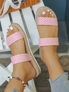 加大码 35-45 夏季新款粉色编织拉菲草平底凉鞋，时尚百搭日常/沙滩休闲一脚蹬舒适拖鞋 - 粉色 - 查看 6