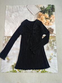 Plus Size V-Neck Belted Flare Sleeve Mini Dress - Solid Color, Elegant - Black - View 3