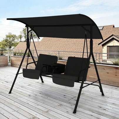  GOFLAME Porch Swing Chair With Adjustable Canopy, 2-Person Swing Chair With Cooler Bag, Rotatable Tray And Removable Cushions, Outdoor Canopy Swing Loveseat For Backyard Balcony Poolside
