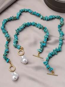 Women's Jewelry Set With Turquoise Chips And Faux Baroque Pearls, Includes 2pcs Simple Alloy Fashion Accessories, Suitable For Daily Wear - Necklace And Bracelet Set