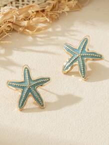 1 Pair Minimalist Metal Smooth Five-Pointed Star & Starfish Stud Earrings For Women, Summer Beach Holiday, Gift For Friend