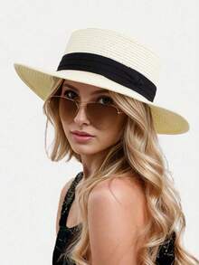 1pc Women Khaki Sun Hat, New Summer Straw Knitting, Simple Holiday Style, Beach Hat, Suitable For Beach, Party, Fishing, Jungle - MZ2705 - View 2