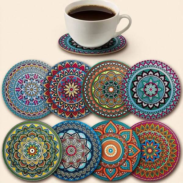 8pcs/Set Wooden Coasters With Mandala Pattern, Suitable For Living Room, Kitchen, Dining Room, Cup Mat, Wine Glass Mat, Great Gift