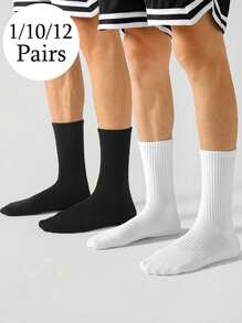 1/10/12 Pairs Men's Black & White Solid Color Mid-Calf Socks, Sports/Casual Comfortable Everyday, Home, Travel, Business Socks, Suitable For All Seasons
