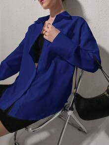 QIANZHIDU Elva Women Solid Color Loose Long Sleeved Business Interview Commuting Casual Relaxed Feeling Simple Shirt Graduation Office Spring Summer Autumn