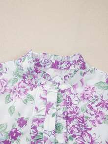 Acelitt Błękitna koszula z falbaniastymi rękawami i nadrukiem kwiatowym, zapinana na guziki - Wrzosowy - Zobacz 5