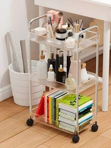 1pc Household Transparent Movable Cosmetic Small Cart Storage Rack, Large Capacity Multifunctional Bathroom Finishing Display Rack, Bathroom Accessories, Makeup Organizer Rolling Cart, Mobile Shelf For Office, Bathroom, Kitchen, & Living Room