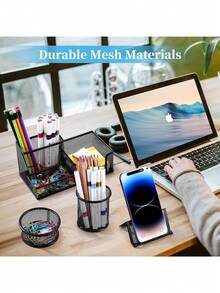 6pcs metal oficina titular de la pluma multifuncional cubo de almacenamiento de la pluma estudiante de escritorio creativo de malla de hierro de papelería de almacenamiento de suministros de oficina - Negro - Ver 5