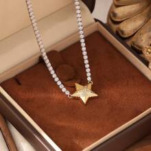 1 pieza Collar de cadena con cristales de acero inoxidable enchapado en oro de 18K para mujeres, de moda y de alta gama, adecuado para fiesta, cita y uso en la oficina