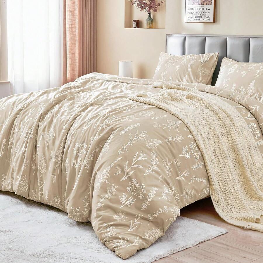 Duvet Cover King Size, Reversible Floral Lavender Duvet Cover Set With Zipper Closure, 3 Pieces Botanical Patterns Soft Microfiber Bedding Set (90"X104", 2 Pillow Cases 20"*36") - 01 - Beige Leaves (No Comforter) - View 1