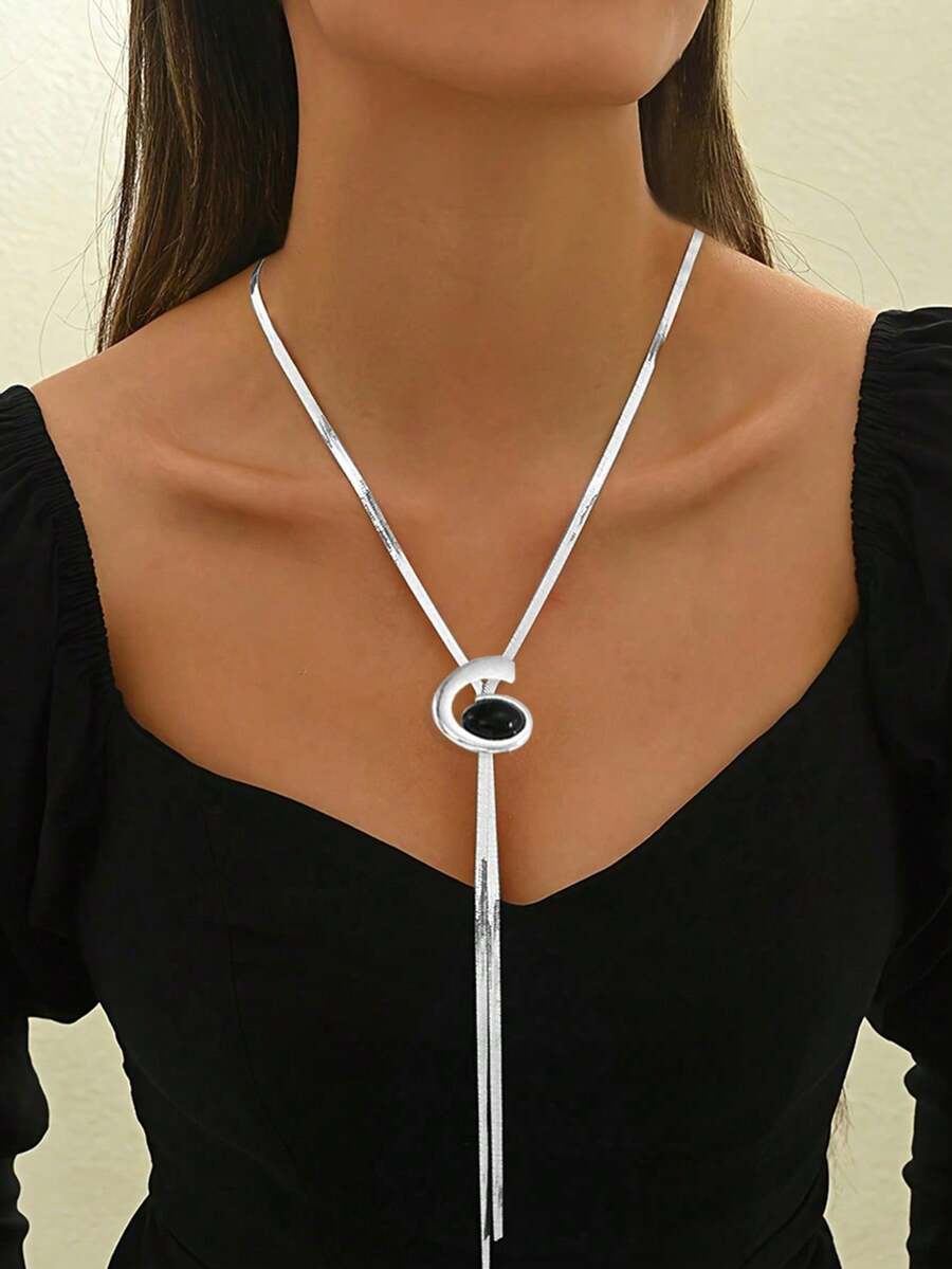 1pc Elegant Minimalist Women's Y-Shaped Necklace, Black Oval Acrylic Zinc Alloy Geometric Heart & Spiral/Snail Pendant On Long Flat Snake Chain, Suitable For Daily Wear And Party/Holiday Gift - Silvery - View 1